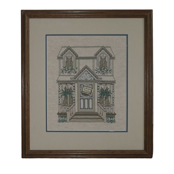 Vintage Needlepoint Welcome Friends Victorian House Embroidery Handmade Framed - Picture 1 of 8